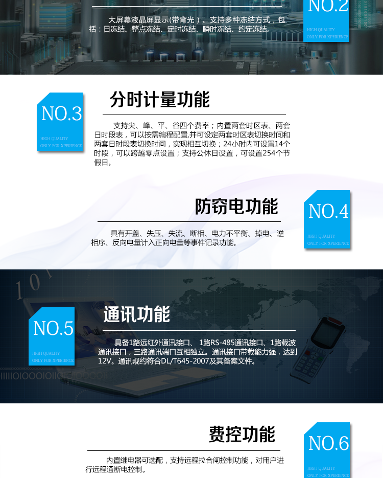 海興DDSI208單相電能表主要功能
　　計量功能
　　具有支持正反向有功、四象限無功電能、組合無功電能，支持正反向有功最大需量、四象限無功最大需量、組合無功最大需量，支持多費率計量。
　　分時計量功能
　　支持尖、峰、平、谷四個費率;內置兩套時區表、兩套日時段表，可以按需編程配置,并可設定兩套時區表切換時間和兩套日時段表切換時間，實現相互切換;24小時內可設置14個時段，可以跨越零點設置;支持公休日設置，可設置254個節假日。
　　測量功能
　　能測量電壓、電流、功率以及功率因數等電網參數，零線電流測量功能可選配。測量準確度高，可以達到1級以內標準。
　　數據存儲功能
　　支持多種凍結方式，包括：日凍結、整點凍結、定時凍結、瞬時凍結、約定凍結。
　　事件記錄功能
　　分別記錄最近10次掉電、編程、校時、開表蓋、跳閘、合閘、事件清零、電表清零。
　　通信功能
　　具備1路遠紅外通訊接口、 1路RS-485通訊接口、1路載波通訊接口，三路通訊端口互相獨立。通訊接口帶載能力強，達到12V。通訊規約符合DL/T645-2007及其備案文件。
　　費控功能
　　內置繼電器可選配，支持遠程拉合閘控制功能，對用戶進行遠程通斷電控制。
　　用戶交互界面
　　采用大屏幕液晶顯示，提供豐富的圖形或文字提示信息;顯示內容可通過按鍵循環查詢，顯示項目可通過通信口按需配置;提供液晶背光，方便查看。支持停電喚醒功能，能通過按鍵或非接觸方式喚醒電能表，實現屏幕顯示抄讀電量和紅外通信口抄讀電量等數據。