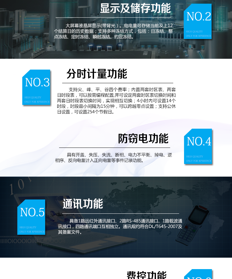 海興DTSI208三相四線電能表主要功能

　　計量功能
　　具有有功電能量、無功電能量計量功能;具有計量分相有功電能量功能。
　　分時計量功能
　　支持尖、峰、平、谷四個費率;內置兩套時區表、兩套日時段表，可以按需編程配置,并可設定兩套時區表切換時間和兩套日時段表切換時間，實現相互切換;每套費率時段可設置14個時區、8個日時段表、4個費率(尖、峰、平、谷)，每個日時段表可設置14個時段，時段可以跨越零點設置;支持公休日設置，可設置254個節假日。
　　測量功能
　　能測量電壓、電流、有功功率、無功功率、視在功率以及功率因數等電網參數，并具有最大需量測量功能。測量準確度高，可以達到0.5級以內標準。
　　數據存儲功能
　　電量可存儲當前及上12個結算日的歷史數據;支持多種凍結方式，包括：日凍結、整點凍結、定時凍結、瞬時凍結、約定凍結。
　　事件記錄功能
　　分別記錄最近10次掉電、編程、校時、開表蓋、跳閘、合閘、事件清零、電表清零。
　　通信功能
　　具備1路遠紅外通訊接口、2路RS-485通訊接口、1路載波通訊接口，四路通訊端口互相獨立。通訊規約符合DL/T645-2007及其備案文件。
　　費控功能
　　內置繼電器可選配，支持遠程拉合閘控制功能，對用戶進行遠程通斷電控制。
　　用戶交互界面
　　采用大屏幕液晶顯示，提供豐富的圖形或文字提示信息;顯示內容可通過按鍵循環查詢，顯示項目可通過通信口按需配置;提供液晶背光，方便查看。支持停電喚醒功能，能通過按鍵或非接觸方式喚醒電能表，實現屏幕顯示抄讀電量和紅外通信口抄讀電量等數據。