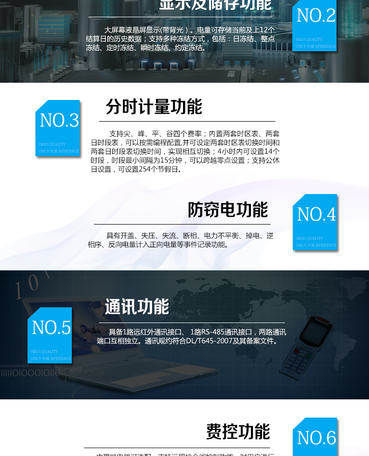 海興DTZY208三相四線電能表主要功能
　　計量功能
　　具有正、反向有功電能量、四象限無功電能量計量功能，并可據此設置組合有功和組合無功電能量。
　　分時計量功能
　　支持尖、峰、平、谷四個費率;內置兩套時區表、兩套日時段表，可以按需編程配置,并可設定兩套時區表切換時間和兩套日時段表切換時間，實現相互切換;4小時內可設置14個時段，時段最小間隔為15分鐘，可以跨越零點設置;支持公休日設置，可設置254個節假日。
　　測量功能
　　能測量電壓、電流、功率以及功率因數等電網參數;具有正反向有功、四象限無功最大需量測量功能。測量準確度高，可以達到0.5級以內標準。
　　數據存儲功能
　　支持多種凍結方式，包括：日凍結、整點凍結、定時凍結、瞬時凍結、約定凍結。
　　事件記錄功能
　　分別記錄最近10次掉電、編程、校時、開表蓋、跳閘、合閘、事件清零、電表清零。
　　通信功能
　　具備1路遠紅外通訊接口、 1路RS-485通訊接口，兩路通訊端口互相獨立。通訊規約符合DL/T645-2007及其備案文件。
　　費控功能
　　內置繼電器可選配，支持遠程拉合閘控制功能，對用戶進行遠程通斷電控制。采用20位數字碼的形式實現虛擬介質充值，安全可靠，管理靈活方便。支持遠程充值和本地遙控器充值，充值靈活便捷。
　　用戶交互界面
　　采用大屏幕液晶顯示，提供豐富的圖形或文字提示信息;顯示內容可通過按鍵循環查詢，顯示項目可通過通信口按需配置;提供液晶背光，方便查看。支持停電喚醒功能，能通過按鍵或非接觸方式喚醒電能表，實現屏幕顯示抄讀電量和紅外通信口抄讀電量等數據。