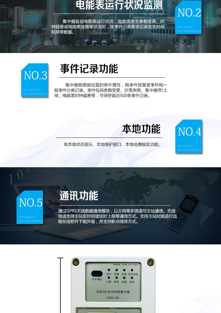 華立DJGL33-HL3403微型集中器主要功能
　　數據采集：能采集各電能表的實時電能示值、日零點凍結電能示值、抄表日零點凍結電能示值。帶有時標。
　　數據管理和存儲：能按要求對采集數據進行分類存儲，如日凍結數據、抄表日凍結數據、曲線數據、歷史月數據等。曲線凍結數據密度為1小時。集中器抄表數量最大為192只。集中器存儲容量為32M。
　　電能表運行狀況監測：集中器監視電能表運行狀況，電能表發生參數變更、時鐘超差或電能表故障等狀況時，按事件記錄要求記錄發生時間和異常數據。
　　參數設置和查詢功能：可主站遠程或手持設備本地設置和查詢檔案、通信參數等，
　　事件記錄：集中器能根據設置的事件屬性，將事件按重要事件和一般事件分類記錄。事件包括參數變更、抄表失敗、集中器停/上電，電能表時鐘超差等，可保存最近500條事件記錄。
　　本地功能：有本地狀態指示、本地維護接口、本地信息觸發功能
　　通訊功能：通過GPRS無線數據通信模塊，以太網等多信道與主站通信。無線信道支持主站實時招讀、定時上報等通信方式。支持主站對其進行遠程在線軟件下載升級，并支持斷點續傳方式。