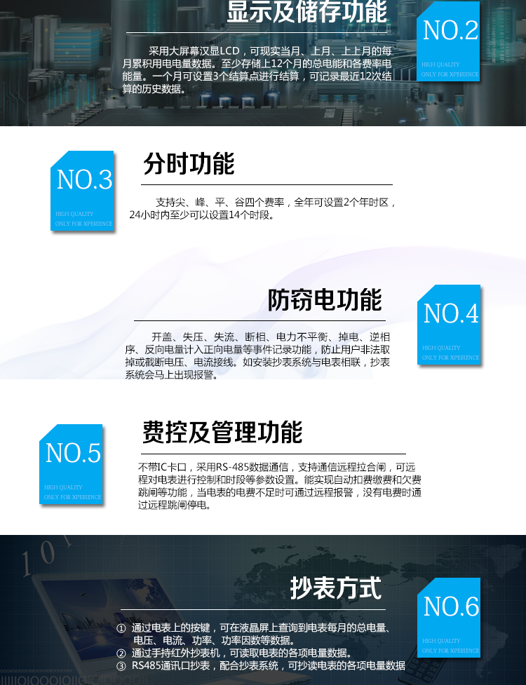 華立DDZY285-J電能表主要功能
　　電能計量功能
　　計量參數(shù)：具有正、反向組合有功電能的計量功能，組合有功電能可由正反向有功電能進行選擇性組合。
　　測量功能：能測量電壓、電流(包含零線)，有功功率以及功率因數(shù)等電網(wǎng)參數(shù)。
　　分時功能：支持尖、峰、平、谷四個費率，全年可設(shè)置2個年時區(qū)，24小時內(nèi)至少可以設(shè)置14個時段。
　　數(shù)據(jù)存儲：至少存儲上12個月的總電能和各費率電能量。一個月可設(shè)置3個結(jié)算點進行結(jié)算，可記錄最近12次結(jié)算的歷史數(shù)據(jù)。
　　顯示功能：采用大屏幕漢顯LCD，可現(xiàn)實當(dāng)月、上月、上上月的每月累積用電電量數(shù)據(jù)。
　　防竊電功能
　　開蓋記錄功能，記錄開表蓋總次數(shù)，防止非法更改電路。
　　反向電量計入正向電量，用戶如將電流線接反，不具有竊電作用，電表照樣正向走字
　　具有記錄編程、掉電、校時、跳閘等事件發(fā)生的時刻以及事件發(fā)生時電能表狀態(tài)，防止用戶更改電表數(shù)據(jù)。
　　具有凍結(jié)和報警功能。
　　以上情況如發(fā)出，電表會出現(xiàn)報警標志，如安裝抄表系統(tǒng)與電表相聯(lián)，抄表系統(tǒng)會馬上出現(xiàn)報警。
　　費控功能
　　電表不帶IC卡口，采用RS-485和無線進行數(shù)據(jù)通信，支持通信遠程拉合閘。
　　費控管理功能
　　可通過遠程對電能表進行遠程拉、合閘控制和時段等參數(shù)設(shè)置，進而對用戶的用電實施遠程管理。
　　能實現(xiàn)自動扣費繳費的功能和欠費跳閘等功能，當(dāng)電表的電費不足時可以通過遠程報警，沒有電費時通過遠程跳閘停電，操作管理十分方便。
　　抄表方式
　　通過電表上的按鍵，可在液晶屏上查詢到電表每月的總電量、電壓、電流、功率、功率因數(shù)等數(shù)據(jù)。
　　通過手持紅外抄表機，可讀取電表的各項電量數(shù)據(jù)。
　　RS485通訊口抄表，配合抄表系統(tǒng)，可抄讀電表的各項電量數(shù)據(jù)。并支持DL/T645-2007多功能電能表通訊規(guī)約。