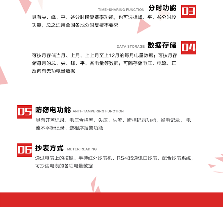 主要功能
分時計量功能，即可按相應的時段分別累計、存儲總、尖、峰、平、谷有功電能、無功電能； 分別計量正反向有功、無功A、B、C三相電能，可存儲月凍結電量12個月。
需量選用滑差式，可以設置最大需量計量周期及滑差步進時間。需量周期可在5、10、15、30、60分鐘中選取，滑差時間可在1、2、3、5分鐘中選取，需量周期為滑差時間的整整5倍及以上。電能表在出廠時設定的需量周期默認值15分鐘，滑差時間1分鐘。
通過數(shù)據(jù)采集RS485接口按設定的電能表抄表日或定時采集時間間隔(默認15分鐘)凍結、采集、存儲計量表計的數(shù)據(jù)。
計算每月電壓合格率，統(tǒng)計每月A、B、C各相運行時間、電壓超上限時間、低于下限時間，記錄數(shù)據(jù)存貯3個月。計算每月供電可靠率，數(shù)據(jù)能存貯3個月。計算每月功率因數(shù)合格率，數(shù)據(jù)能存貯3個月。
三相中任一相或兩相失壓，電能表均應正常工作，并分相記錄累計失壓時間，同時記錄各相電壓最近10次失壓發(fā)生時刻和結束時刻。三相電壓分相指示，并能在電能表液晶顯示屏上直接顯示有否失壓情況。分相按次記錄停電起止時間，精確到分鐘。
電能表能分相記錄累計失流時間，同時記錄各相電流最近10次失流發(fā)生時刻和結束時刻。
按時間發(fā)生的先后順序記錄最近10次的編程時間、電量復零記錄、最大需量復零時間、廣播校時時間、掉電時間和上電時間。
能判斷多功能電能表內部故障、異常情況并顯示符號或出錯信息碼，出錯信息碼可通過RS485接口或通信模塊實現(xiàn)遠傳。
具有可編程、抄讀數(shù)據(jù)、實現(xiàn)自動需量復位和參數(shù)更新的吸附式光電通信接口及紅外通訊功能。具有電氣隔離的標準RS485數(shù)據(jù)通信接口，能實現(xiàn)本地或遠程數(shù)據(jù)信息采集和交換。
多功能電能表和數(shù)據(jù)采集儀的遠程通訊協(xié)議可升級為全省統(tǒng)一標準通訊協(xié)議。 