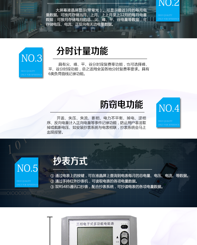 主要功能：
1、大屏幕、寬視角液晶顯示，具備豐富的狀態指示和漢字提示符，帶背光；
2、雙路RS-485、吸附式、遠紅外通訊接口，通道相互獨立。支持載波通信功能（可選）；
3、四路空接點電能脈沖及LED電能脈沖輸出；
4、分時計量正反向有功電量、四象限無功電量、組合1、組合2無功電量，組合方式：四象限無功任意組合；計量分相正反向有功、感容性無功電量；
5、分時計量正反向有功、無功需量及發生時間；
6、8費率，主副兩套時段，時鐘雙備份，自動糾錯，可記錄13個月歷史記錄；
7、可設置6類數據記錄負荷曲線，容量達到2M字節；
8、記錄失壓、全失壓、失流、全失流、電壓合格率、清零、清需量、編程、校時、上電、過壓、逆相序、開蓋等多種事件；
9、雙備份數據存儲，具有自檢和糾錯功能，具有內卡錯、時鐘錯、電壓逆相序、失壓、過壓、失流、電池欠壓故障報警功能；
10、停電后可通過按鈕、手抄器喚醒顯示，可遠紅外抄表；
11、具有防竊電開蓋檢測功能；
12、可選功能：IC卡預付費，邏輯加密卡/CPU智能卡可選。