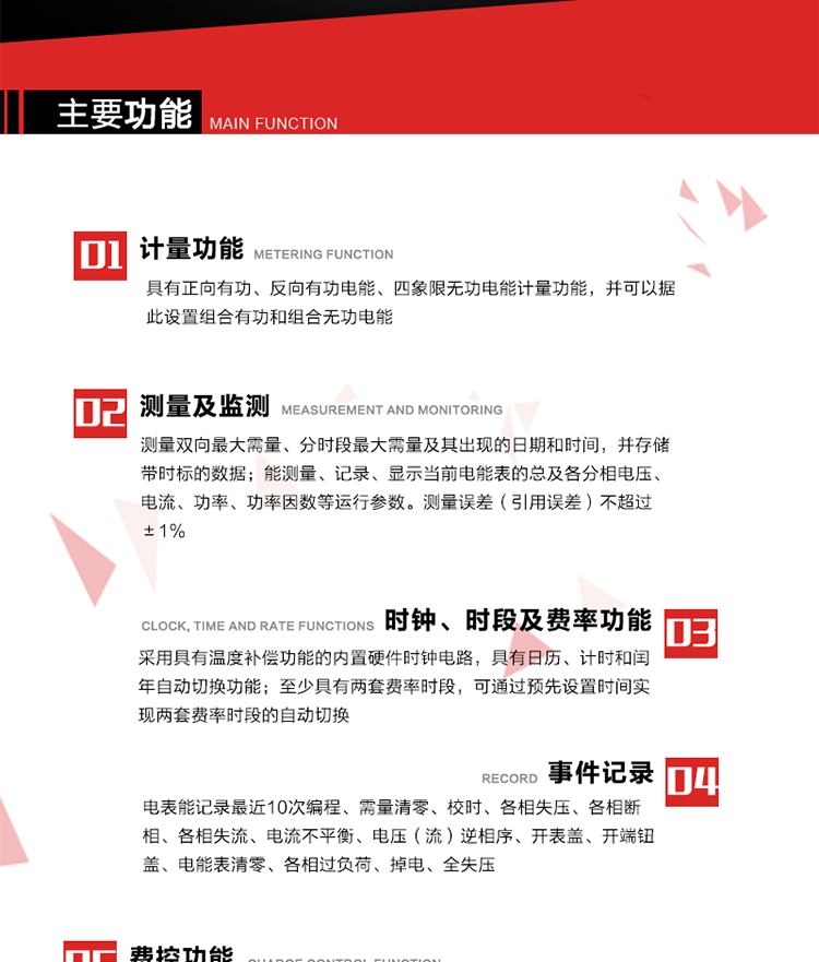 主要功能
1. 電能計量
具有正向有功、反向有功電能、四象限無功電能計量功能，并可以據此設置組合有功和組合無功電能。
2. 需量計量
測量雙向最大需量、分時段最大需量及其出現的日期和時間，并存儲帶時標的數據。
3. 測量及監測
能測量、記錄、顯示當前電能表的總及各分相電壓、電流、功率、功率因數等運行參數。測量誤差（引用誤差）不超過±1%。
4. 時鐘、時段及費率功能
采用具有溫度補償功能的內置硬件時鐘電路，具有日歷、計時和閏年自動切換功能。內部時鐘端子輸出頻率為1Hz。至少具有兩套費率時段，可通過預先設置時間實現兩套費率時段的自動切換。每套費率時段全年至少可設置2個時區，24小時內至少可以設置8個時段，時段最小間隔為15分鐘，并且時段間隔大于表內設定的需量周期值，時段可跨越零點設置。
5. 費控功能 
電能表費控功能的實現方式通過CPU卡等固態介質實現。具有兩套階梯電價計費方式，并可在設置時間點啟用另一套階梯電價計費。
6. 無線通信
通過無線通信與主站通信。支持在安全認證前提下，通過無線網絡信道修改費率時段表及電價。
7. 事件記錄
電表能記錄最近10次編程、需量清零、校時、各相失壓、各相斷相、各相失流、電流不平衡、電壓（流）逆相序、開表蓋、開端鈕蓋、電能表清零、各相過負荷、掉電、全失壓。
8. 凍結
具有定時凍結、瞬時凍結、約定凍結和日凍結功能。
9.　負荷記錄
記錄正反向有功總電能、無功總電能、四象限無功總電能、組合有功、組合無功1、組合無功2，負荷記錄間隔時間可以在1～60min范圍內設置，時間間隔為1min的情況下可記錄不少于40天的數據容量。
10. 停電抄表
在停電狀態下，能通過按鍵或非接觸方式喚醒電能表，抄讀電能量等數據。
11. 擴展功能
計量視在電能、諧波電壓、電流、電量的監測、電能質量監測和計算鐵損、銅損。 
