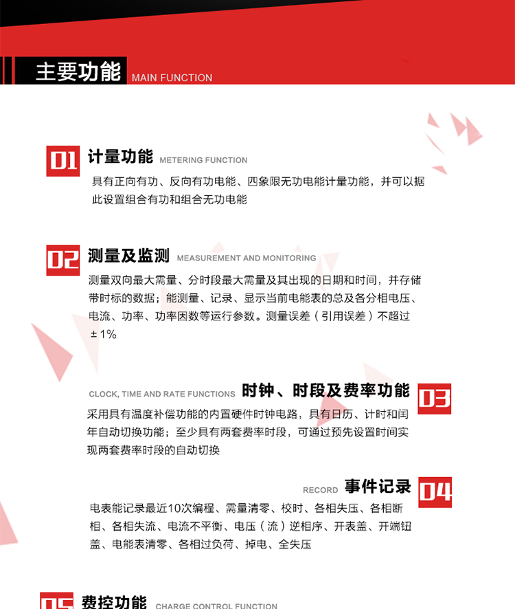主要功能
1. 　電能計量
具有正向有功、反向有功電能、四象限無功電能計量功能，并可以據此設置組合有功和組合無功電能。
2. 　需量計量
測量雙向最大需量、分時段最大需量及其出現的日期和時間，并存儲帶時標的數據。
3. 　測量及監測
能測量、記錄、顯示當前電能表的總及各分相電壓、電流、功率、功率因數等運行參數。測量誤差（引用誤差）不超過±1%。
4. 　時鐘、時段及費率功能
采用具有溫度補償功能的內置硬件時鐘電路，具有日歷、計時和閏年自動切換功能。內部時鐘端子輸出頻率為1Hz。至少具有兩套費率時段，可通過預先設置時間實現兩套費率時段的自動切換。每套費率時段全年至少可設置2個時區，24小時內至少可以設置8個時段，時段最小間隔為15分鐘，并且時段間隔大于表內設定的需量周期值，時段可跨越零點設置。
5. 　費控功能 
電能表費控功能的實現方式通過公網等虛擬介質和遠程售電系統實現。
6. 　無線通信
通過無線通信與主站通信。支持在安全認證前提下，通過無線網絡信道修改費率時段表及電價。
7. 　事件記錄
電表能記錄最近10次編程、需量清零、校時、各相失壓、各相斷相、各相失流、電流不平衡、電壓（流）逆相序、開表蓋、開端鈕蓋、電能表清零、各相過負荷、掉電、全失壓。
8. 　凍結
具有定時凍結、瞬時凍結、約定凍結和日凍結功能。
9.　 負荷記錄
記錄正反向有功總電能、無功總電能、四象限無功總電能、組合有功、組合無功1、組合無功2，負荷記錄間隔時間可以在1～60min范圍內設置，時間間隔為1min的情況下可記錄不少于40天的數據容量。
10. 　停電抄表
在停電狀態下，能通過按鍵或非接觸方式喚醒電能表，抄讀電能量等數據。
11. 擴展功能
計量視在電能、諧波電壓、電流、電量的監測、電能質量監測和計算鐵損、銅損。 