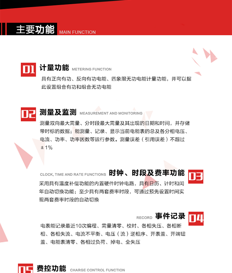 主要功能
1. 　電能計量
具有正向有功、反向有功電能、四象限無功電能計量功能，并可以據此設置組合有功和組合無功電能。
2. 　需量計量
測量雙向最大需量、分時段最大需量及其出現的日期和時間，并存儲帶時標的數據。
3. 　測量及監測
能測量、記錄、顯示當前電能表的總及各分相電壓、電流、功率、功率因數等運行參數。測量誤差（引用誤差）不超過±1%。
4. 　時鐘、時段及費率功能
采用具有溫度補償功能的內置硬件時鐘電路，具有日歷、計時和閏年自動切換功能。內部時鐘端子輸出頻率為1Hz。至少具有兩套費率時段，可通過預先設置時間實現兩套費率時段的自動切換。每套費率時段全年至少可設置2個時區，24小時內至少可以設置8個時段，時段最小間隔為15分鐘，并且時段間隔大于表內設定的需量周期值，時段可跨越零點設置。
5. 　費控功能 
電能表費控功能的實現方式通過公網等虛擬介質和遠程售電系統實現。
6. 　 載波通信
在載波集中器和主站系統的配合下，可通過載波，按設定的采集方案定時數據采集，并可實時監測電表運行狀態。
7. 　事件記錄
電表能記錄最近10次編程、需量清零、校時、各相失壓、各相斷相、各相失流、電流不平衡、電壓（流）逆相序、開表蓋、開端鈕蓋、電能表清零、各相過負荷、掉電、全失壓。
8. 　凍結
具有定時凍結、瞬時凍結、約定凍結和日凍結功能。
9.　 負荷記錄
記錄正反向有功總電能、無功總電能、四象限無功總電能、組合有功、組合無功1、組合無功2，負荷記錄間隔時間可以在1～60min范圍內設置，時間間隔為1min的情況下可記錄不少于40天的數據容量。
10. 　停電抄表
在停電狀態下，能通過按鍵或非接觸方式喚醒電能表，抄讀電能量等數據。
11. 擴展功能
計量視在電能、諧波電壓、電流、電量的監測、電能質量監測和計算鐵損、銅損。 