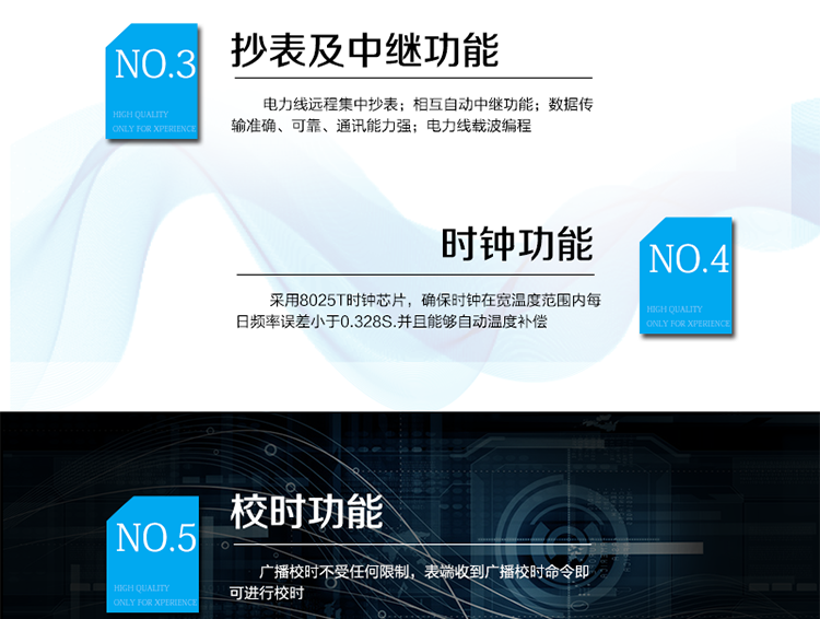 主要特點
1、有功電能計量精確，長期工作不需調校
2、電力線遠程集中抄表
3、相互自動中繼功能
4、數據傳輸準確、可靠、通訊能力強
5、電力線載波編程
6、采用8025T時鐘芯片，確保時鐘在寬溫度范圍內每日頻率誤差小于0.328S.并且能夠自動溫度補償。
7、廣播校時不受任何限制，表端收到廣播校時命令即可進行校時
8、月凍結：按照指定的時間凍結正向總電量，每個凍結量至少保存12次