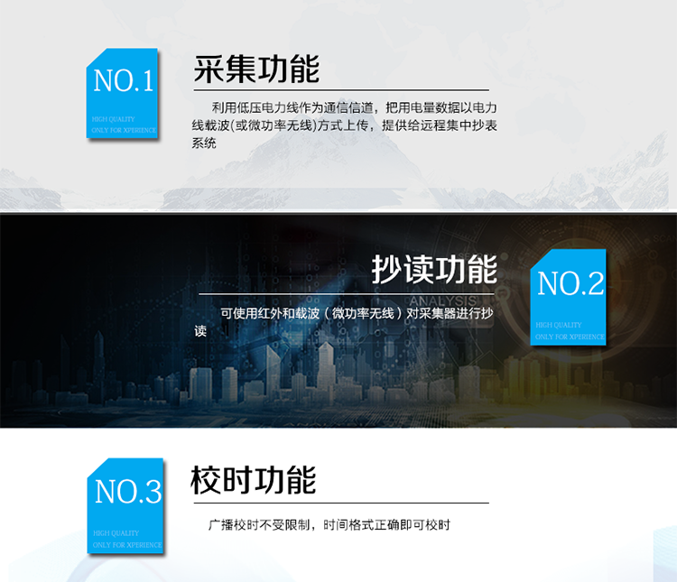 產品特點
該產品主要完成對RS485電表的電量采集，并且利用低壓電力線作為通信信道，把用電量數據以電力線載波(或微功率無線)方式上傳，提供給遠程集中抄表系統。