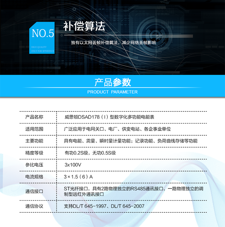 技術指標
技術參數項目	項目內容
技術標準	GB/T&nbsp;17215.322-2008&nbsp;&nbsp;GB/T&nbsp;17215.323-2008&nbsp;&nbsp;DL/T&nbsp;614-2007
Q/GDW&nbsp;357-2009&nbsp;&nbsp;Q/GDW&nbsp;358-2009
通訊接口	與過程層通訊接口（可根據用戶要求定制）：
ST光纖接口，多模，波長1300nm，100Mbps
&nbsp;	與站控層或電量采集器通訊接口：
具有2路物理獨立的RS485通訊接口。
&nbsp;	本地維護通訊接口：
具有一路物理獨立的調制型遠紅外通訊接口。
通訊協議	與過程層通訊協議：
支持IEC61850-9-1、IEC61850-9-2、IEC61850-9-2LE、GMRP標準
&nbsp;	與站控層或電量采集器通訊協議：
支持DL/T&nbsp;645-1997、DL/T&nbsp;645-2007
&nbsp;	本地維護通訊協議：
支持DL/T&nbsp;645-2007
工作電源	雙路冗余外接電源供電，可任意接入一路或同時接入兩路。
兩路電源均為交直流自適應，電源輸入范圍為85V～265V。
采樣速率	支持4～12.8kHz采樣
整機功耗	<10VA
工作溫度	-25℃～+55℃
相對濕度	≤95%(無凝露)
時鐘誤差	≤0.5s/d（23℃）
負荷曲線存儲容量	4Mbytes